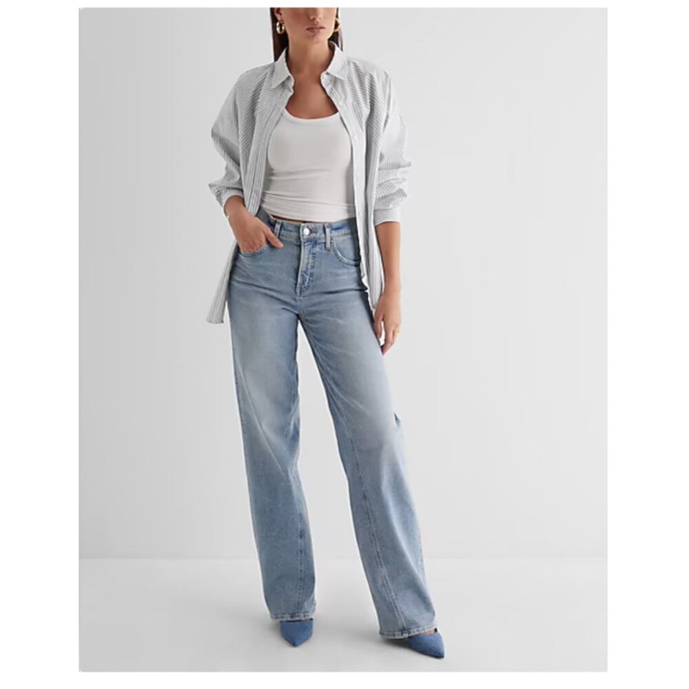 High Waisted Light Wash Twist Seam Wide Leg Jeans